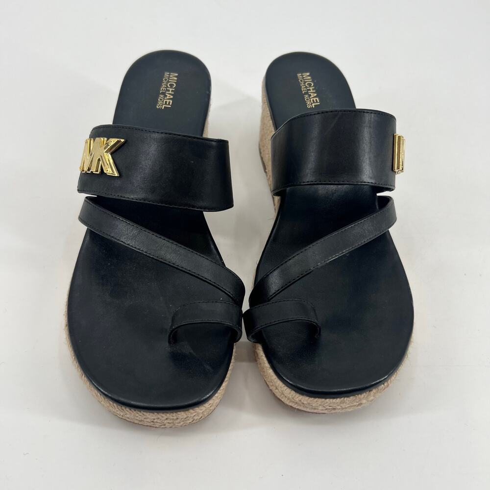 Michael Kors Women's 9 Sidney mid wedge Espadrille Sandals black & gold slip on - Picture 3 of 7